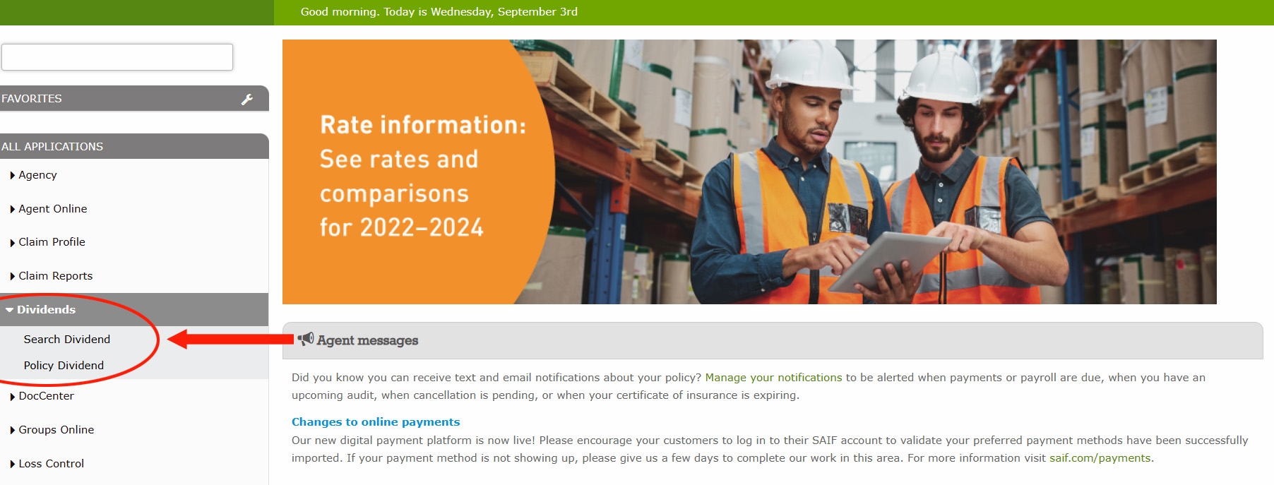 images/AgentGuide/090325_Agent_Dividend_Menu.jpg Dividend menu in the agent portal