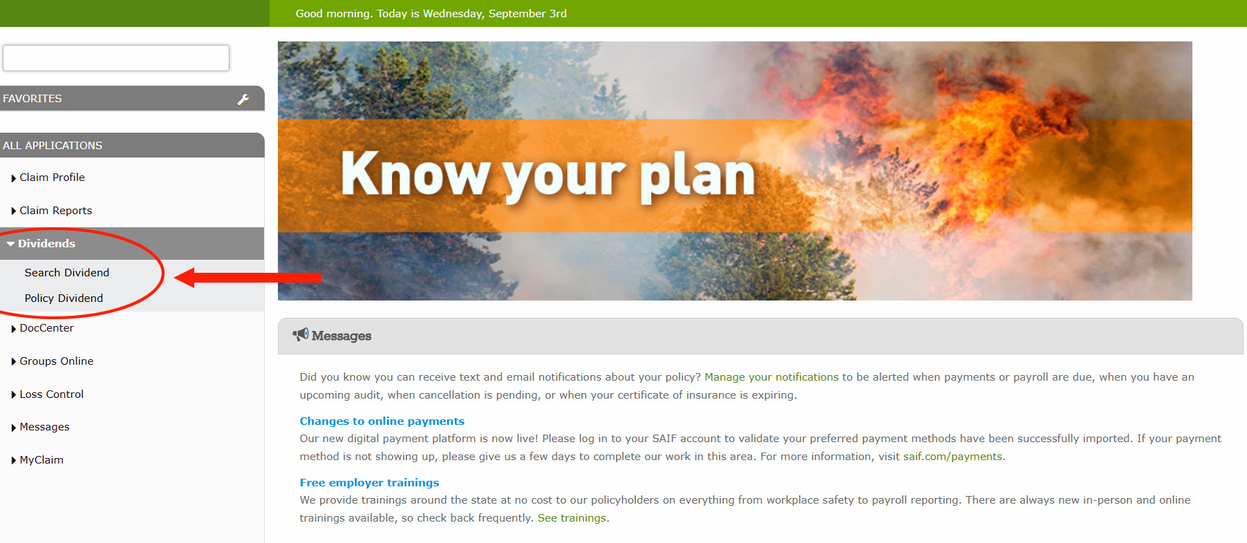 images/EmployerGuide/090325_Dividend_Menu.jpg Dividend menu in customer portal on saif.com