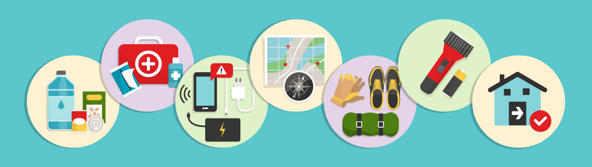 Graphic of circles containing emergency preparedness items such as flashlights and first aid kits