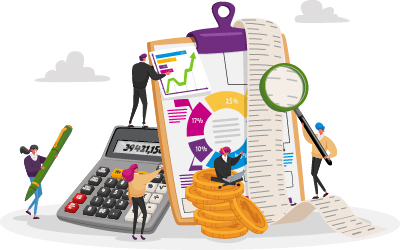 Color illustration of workers using office supplies and tools