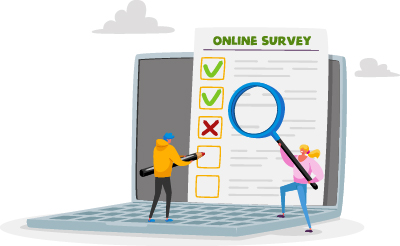 Colorful illustration of workers using a pencil and magnifying glass to answer a survey.