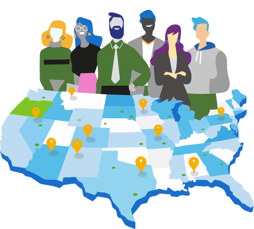 Illustration of a map of the United States with pins showing where covered workers might be outside of Oregon.